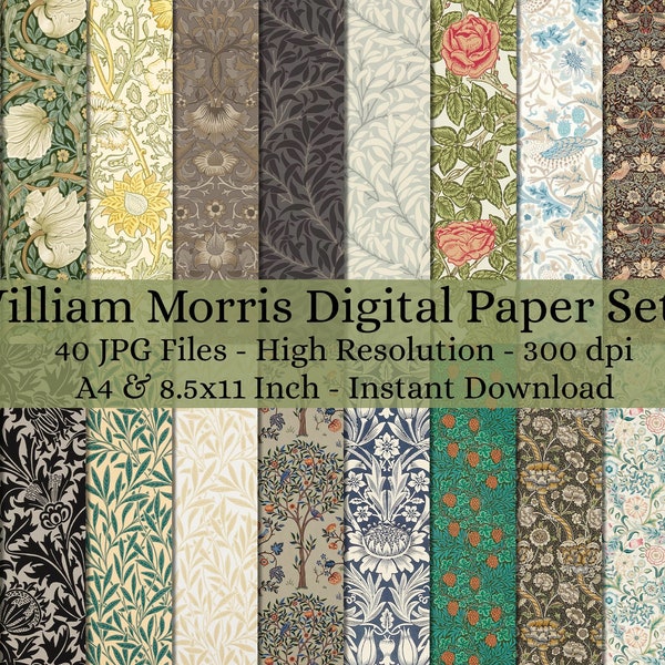 40-Sheet Printable William Morris Digital Paper Decoupage, Collage Paper Art, Decorative Paper, Junk Journal Kit, Digital Paper Pattern #453