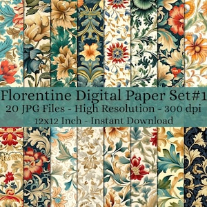 Decoupage di carta digitale fiorentina stampabile da 20 fogli, arte della carta collage, carta decorativa, kit diario spazzatura, modello di carta digitale n. 579