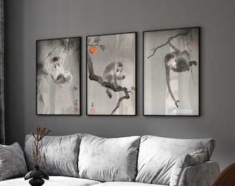 Monkeys Ohara Koson Japanese Woodblock Art Print Ukiyo-e Poster Asian Decor Japandi Large Wall Art Set of 3 Gallery Triptych Canvas #1550