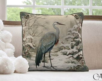 Crane Bird Pillow William Morris Inspired Winter Christmas Accent Pillow Throw Whimsical Farmhouse Floral Botanical Nursery #1295