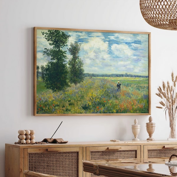 Claude Monet Poppy Fields Summer Vintage Landscape Rustic Country Painting Antique Framed Extra Large Wall Art Canvas Giclee #900