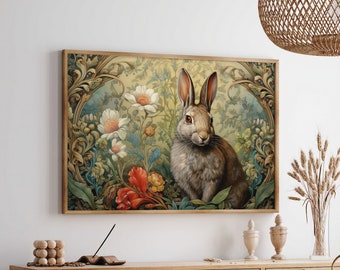 William Morris Inspired Rabbit Art Print Poster Rustic Farmhouse Woodland Extra Large Wall Decor Nature Cabincore Canvas #1412