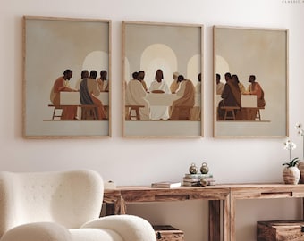 Jesus The Last Supper Art Print Poster Minimalist Modern Christian Farmhouse Neutral Painting Large Wall Art Set of 3 Piece Triptych #5001