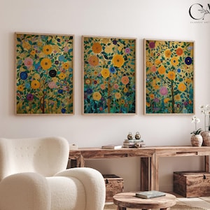 Flower Garden Landscape Gustav Klimt Inspired Art Print Floral Botanical Maximalist Painting Large Wall Art Set of 3 Piece Triptych #4941