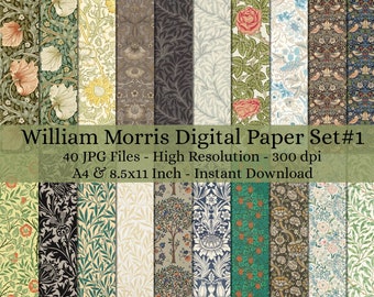 40-Sheet Printable William Morris Digital Paper Decoupage, Collage Paper Art, Decorative Paper, Junk Journal Kit, Digital Paper Pattern #453