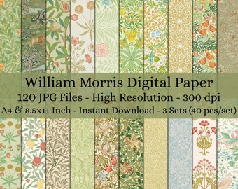 Könnte beinhalten: Ein digitales Papierpaket mit 120 hochauflösenden JPG-Dateien von William Morris Mustern. Die Muster sind in verschiedenen Farben, darunter Grün, Gelb, Rot und Blau. Das Papier ist in zwei Größen erhältlich: 8,5 x 11 Zoll und A4.