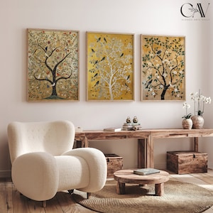 Indian Floral Art Print Vintage Cultural Poster Asian Decor Traditional Pichwai Gift Large Wall Art Set of 3 Gallery Triptych Canvas #1859