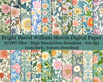 20 Art Nouveau Bright Pastel William Morris Digital Paper Decoupage, Decorative Collage Paper Art, Junk Journal Kit, Digital Download #1798