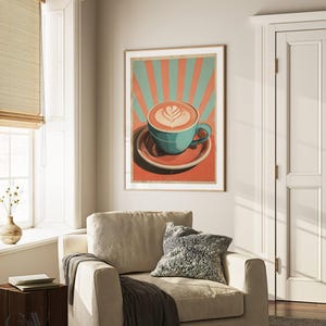 Coffee Latte Poster Coffee Bar Print Breakfast Kitchen Decor Retro Food Art Drink Painting Large Wall Art Gallery Canvas Giclee #3847