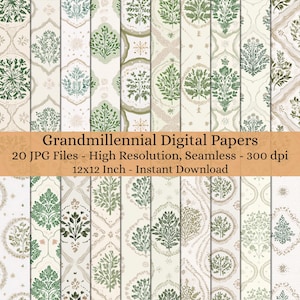 Może przedstawiać: Kolekcja cyfrowych papierów z różnymi wzorami przedstawiającymi zielone i kremowe wzory botaniczne. Wyświetlany jest tekst "Grandmillennial Digital Papers", wraz ze szczegółami dotyczącymi plików, w tym ich rozmiar 30,48 x 30,48 cm.