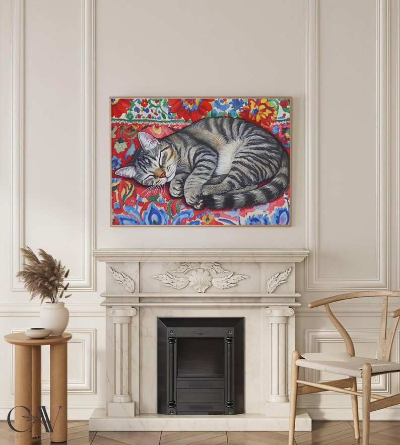 Sleeping Gray Tabby Cat Maximalist Eclectic Animal Print Funky Animal ...