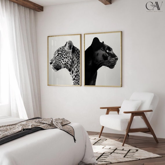 Leopard Panther Fashion Magazine Poster Animal Portrait Photography Print Funny Bathroom Decor 2 Piece Large Wall Art Set of 2 Gallery #2816