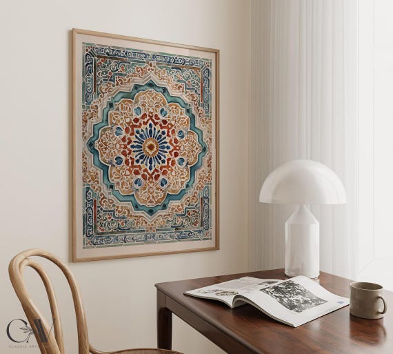 Alhambra Tile Inspired Watercolor Print Islamic Muslim Andalusian Poster Arabic Decor Eid Ramadan Gift Large Wall Art Canvas #4039