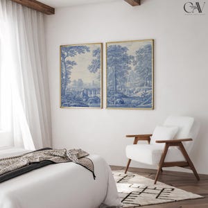 Chinoiserie Panels Art Print Blue Toile Landscape, Chinese Asian Decor, 2 Piece Large Wall Art Set of 2 Gallery Canvas #748