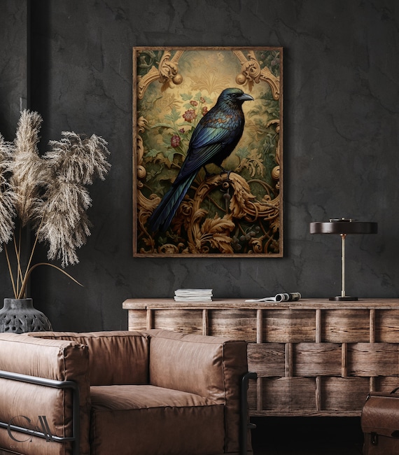 William Morris Inspired Raven Art Print Dark Moody Crow Bird