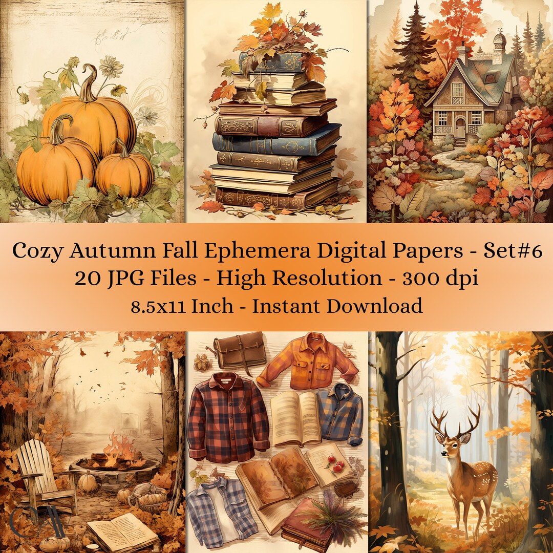 20 Sheet Printable Cozy Autumn Fall Ephemera Digital Paper Decoupage ...