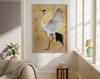 Red Crowned White Crane Japanese Art Print Poster Asian Decor