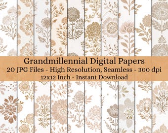 May include: A collection of digital papers with floral patterns in shades of beige and cream. The papers feature various flower and leaf designs. Text on the image reads "Grandmillennial Digital Papers" and "12x12 Inch - Instant Download".