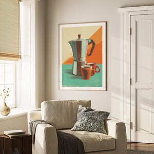 Coffee Moka Pot Poster Coffee Bar Print Breakfast Kitchen Decor Retro Food Art Drink Painting Large Wall Art Gallery Canvas Giclee #3865