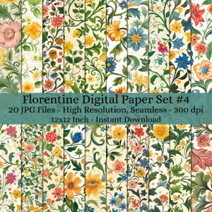 Puede incluir: Un conjunto de 20 papeles digitales con un patrón floral con flores amarillas, azules, rojas y verdes sobre un fondo crema. Los papeles son de 30,5 x 30,5 cm y 300 dpi. Florentine Digital Paper Set #4.