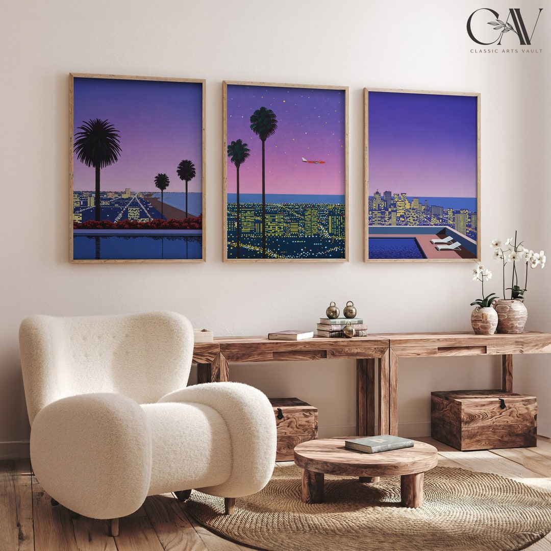 Hiroshi Nagai Downtown Sunset Retro Japanese Art Print Poster Asian Decor Japandi Large Wall Art Set of 3 Gallery Triptych Canvas... 