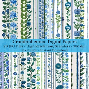 May include: A collection of digital papers with floral and botanical patterns in shades of blue and green. The papers feature various designs, including floral arrangements, stripes, and leafy borders. The text reads "Grandmillennial Digital Papers" and "12x12 Inch - Instant Download".