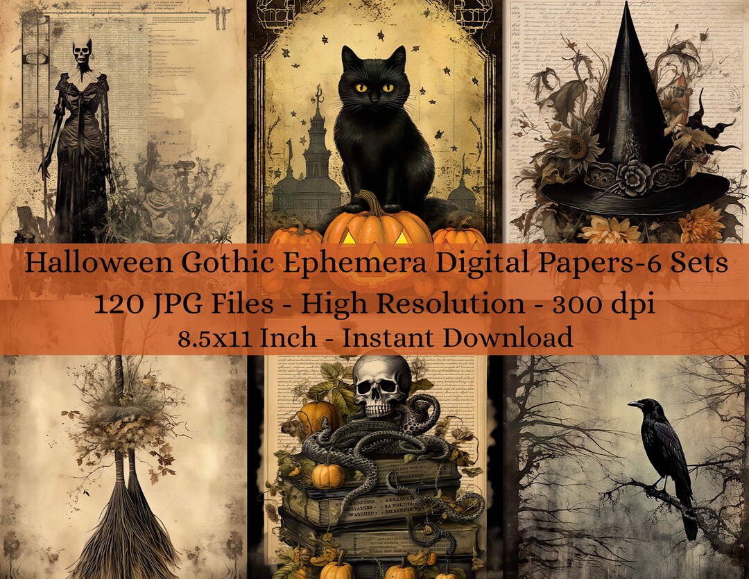 120 Sheet Printable Vintage Halloween Gothic Ephemera Digital Paper ...