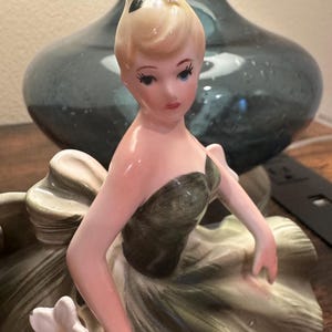 Lefton Vintage Lady Figurine in Green Dress, Blonde Bun, Approx 7 x 5 inches, Tinker Bell, Prom