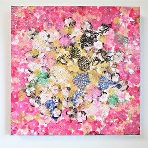 Your Secret Admirer l Original 14x14&quot; Floral Abstract Painting on Canvas Pink Gold Textured Wall Art l  Mixed Media Artwork