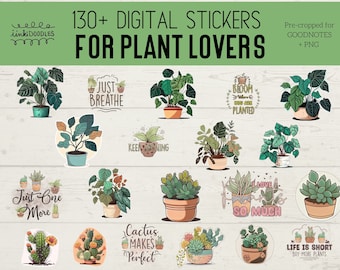 May include: A digital sticker set featuring 130+ illustrations of plants and plant-related quotes. The stickers are pre-cropped for Goodnotes and PNG format. The illustrations include various types of plants, such as succulents, cacti, and leafy greens. The quotes include phrases like "Just Breathe", "Bloom Where You Are Planted", and "Life is Short, Buy More Plants".