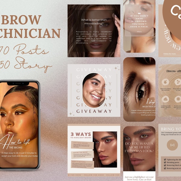120 Neutral Brow Technician Instagram Templates | Brow Microblading | PMU | Eyebrows Bundle | Microblading Social Media | Beige Brow Artist