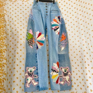 Upcycled Vintage Be Bop Jeans Deadhead Patchwork Barrel Leg Pants