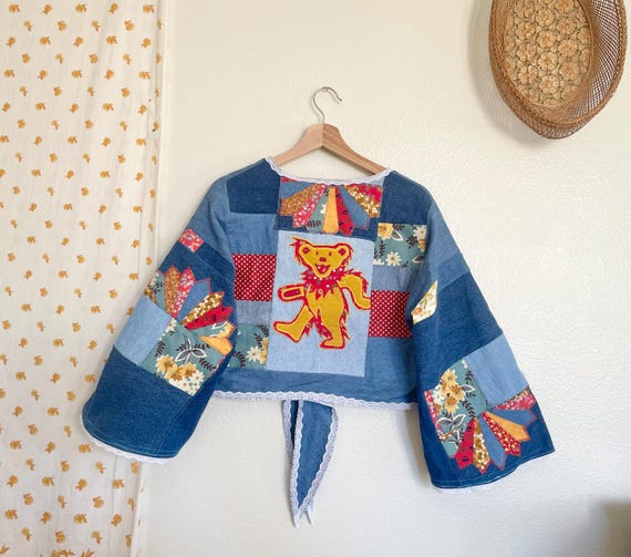 Grateful Dead Patchwork Kimono Top Handmade Upcycled Denim Jacket | Boho Festival Clothing | One of a Kind GD Bear Jacket