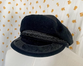 Vintage Greek Fishermans Hat Black Wool Mariner Cap Made in Greece 1970s Unisex 22"