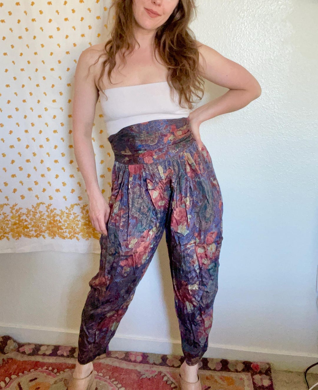 Vintage High Waisted Satin Floral Boho Harem Pants - Etsy
