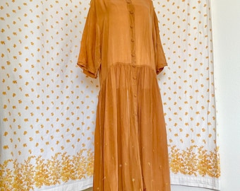 Vintage 90s Burnt Orange Rayon Maxi Dress Sheer Embroidered Button Up Boho Autumn Cottagecore Biya Rated R Made in USA Size Medium