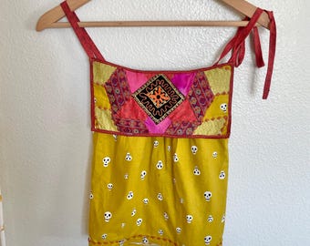 Handmade Patchwork Skull Tank Top – Witchy Goth Festival Bib Top S/M – One of a Kind Boho Grunge Tie Back