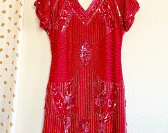 Vintage Red Silk Sequin Scala Mini Dress Made in India