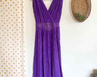 Vintage Purple Cotton Gauze Lurex Greecian Midi Boho 60s Dress