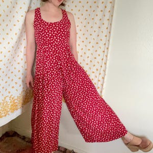Vintage Floral Jumpsuit 90&#39;s Red Wide Leg Romper Made in USA Women&#39;s 10