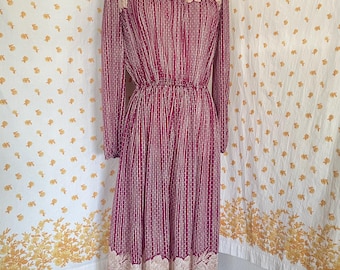 Vintage 80s Sally Petite Burgundy Sheer Floral Dress Size 12
