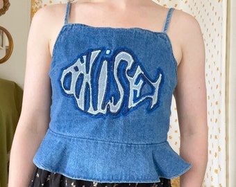 Phish Patchwork Denim Reworked Women&#39;s Medium Handmade Crop Top