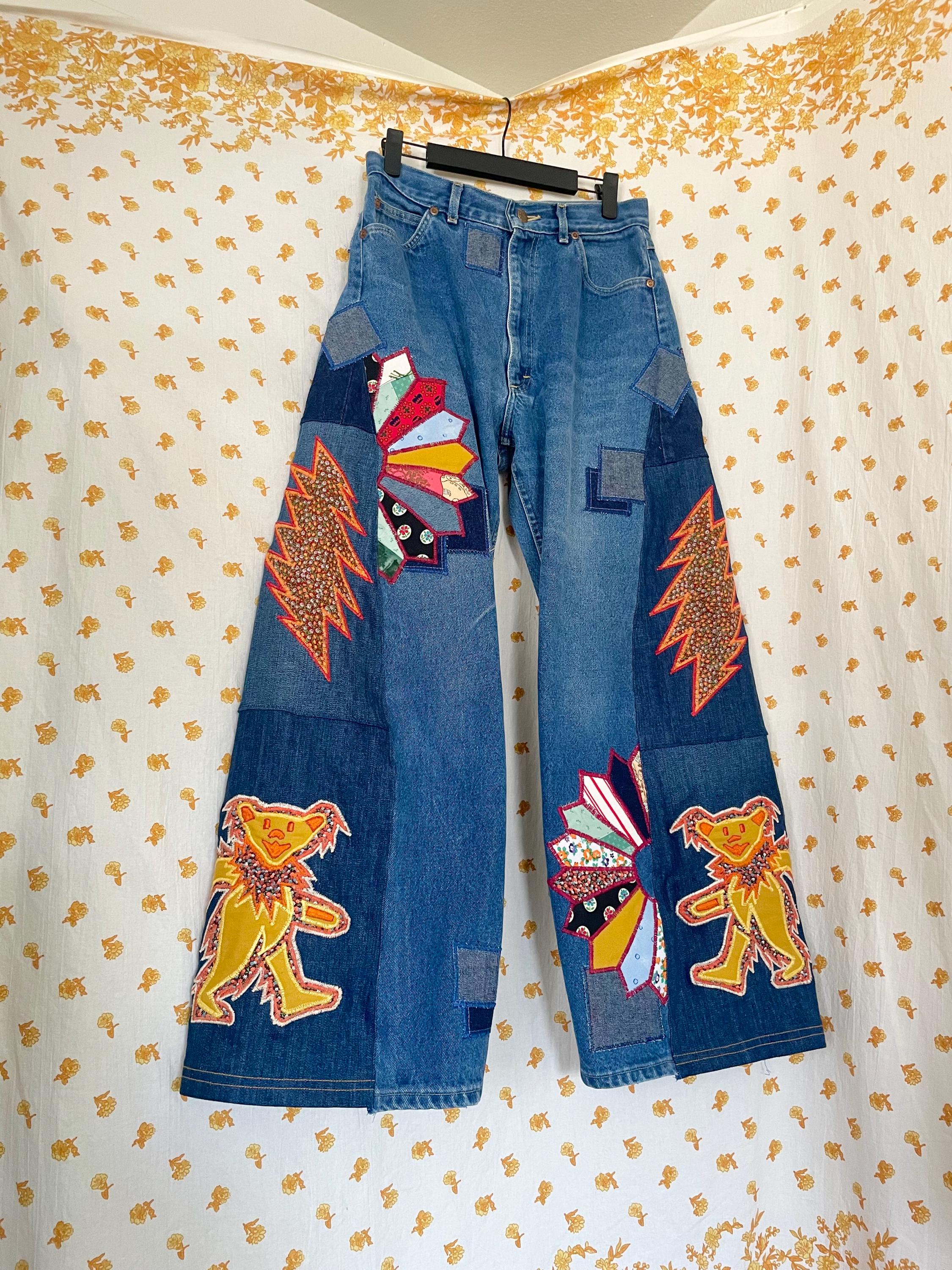 Upcycled Vintage Lee Jeans, 70s Patchwork Wide Leg Denim, OOAK