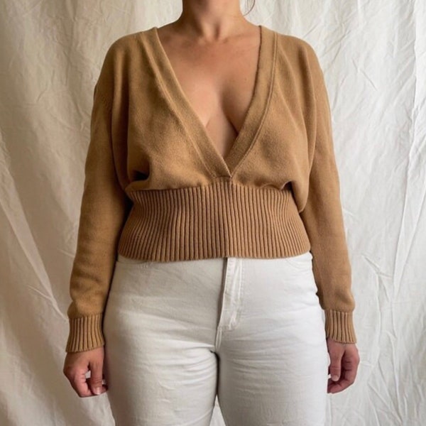 Monterey Bay y2k Deep V Plunge Neck 100% Cotton Slouchy Cropped Sweater