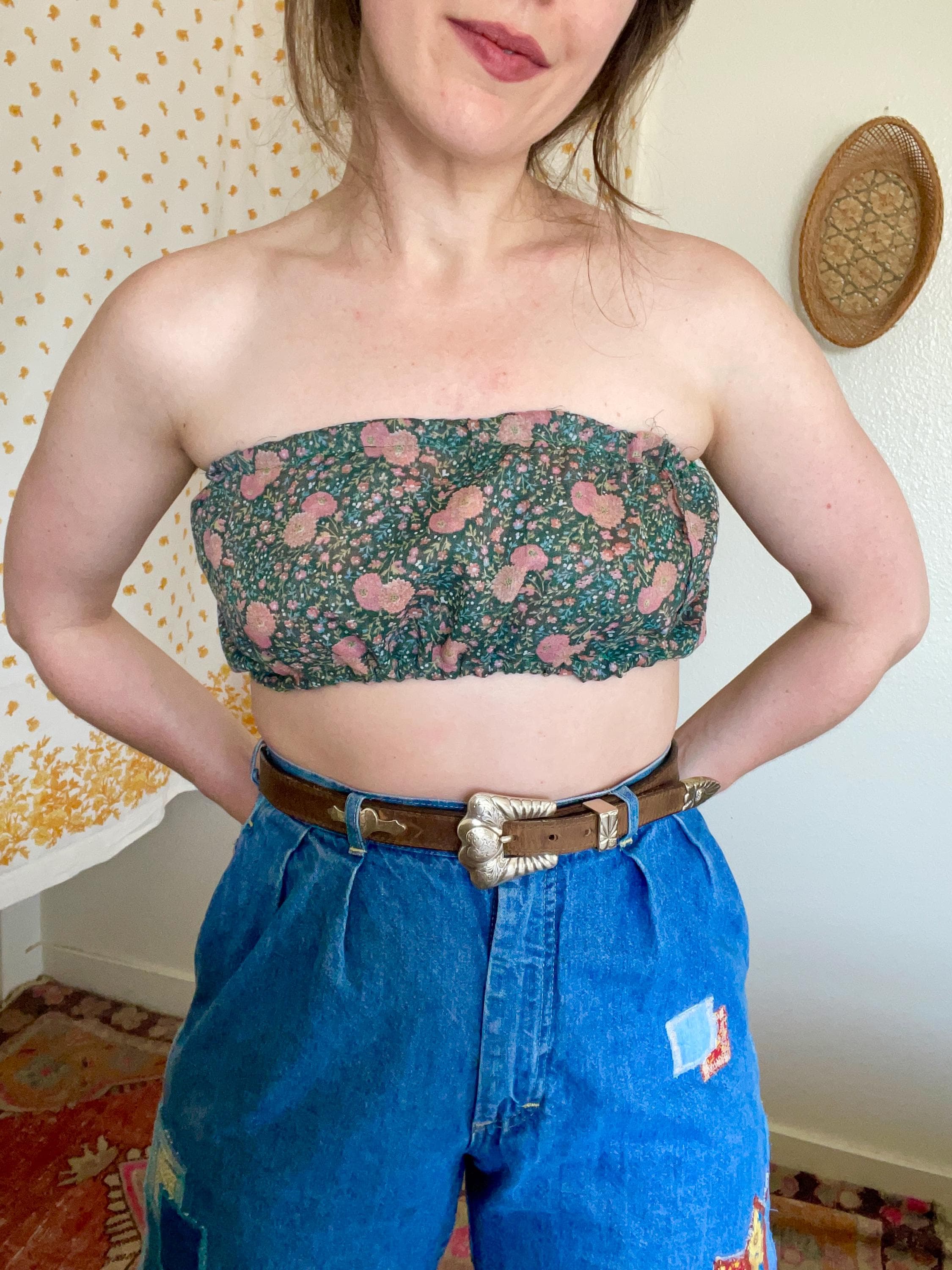 Vintage Floral Tube Top Handmade Crop Top Women's S/M 70s