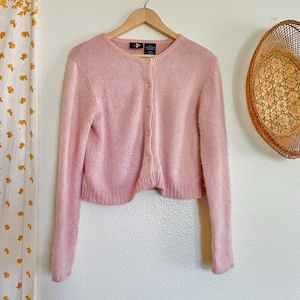 Vintage 90s No Boundaries Pink Cardigan Sweater – Silk Angora Lambswool Blend, Y2K Soft Knit, Rare Cute Autumn Layer