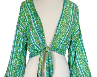 Kimono Boho Top Vintage Handmade Tie Front Crop Top