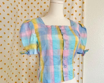 Gingham Vintage Pastel Handmade Boho Crop Top Petite S/M