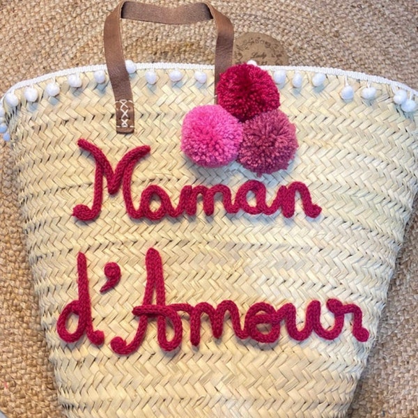 Panier sac personnalisé avec poignée en cuir 60cm prénom mot phrase fête des mères cadeau spécial shopping courses plage vacances