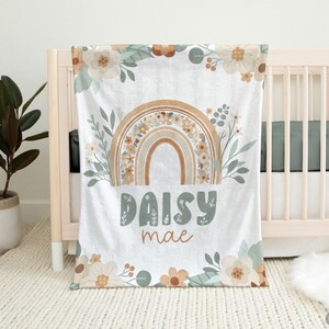 Neutral Boho Floral Rainbow Baby Name Blanket, Custom Baby Blanket, Personalized Baby Girl Blanket, Baby Girl Gift, Baby Shower Gift, Minky